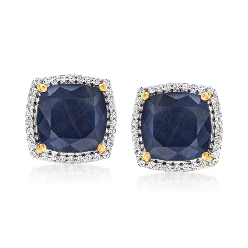 14kt yellow gold stud earrings with dark blue sapphire and diamond halo