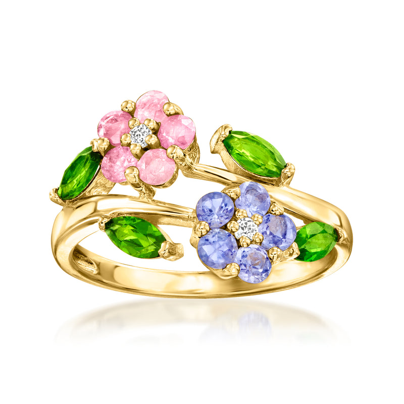 Gold-tone multi-gem flower ring with pink, green, and blue oval stones