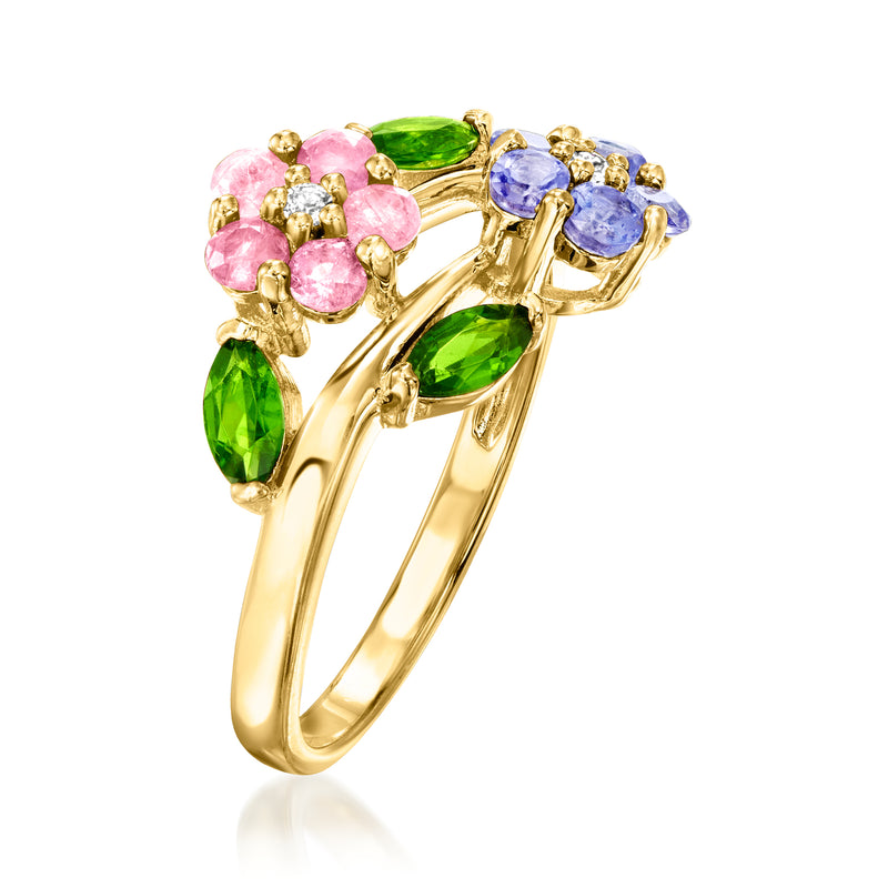 Gold-tone multi-gem flower ring, pink and blue cluster with green teardrop accents
