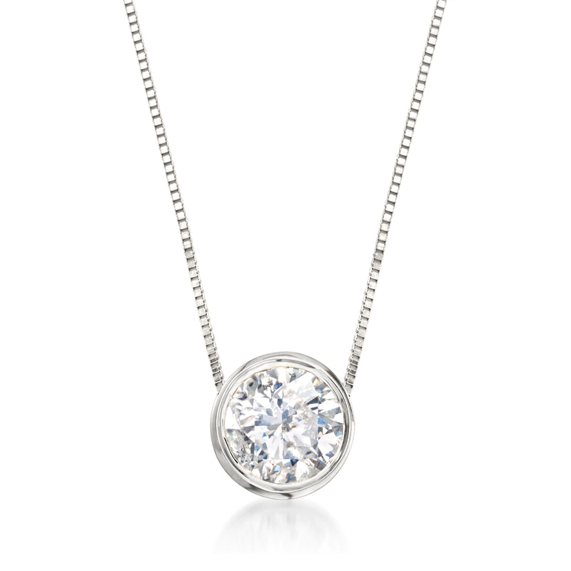 14kt white gold solitaire diamond necklace with bezel-set round diamond pendant