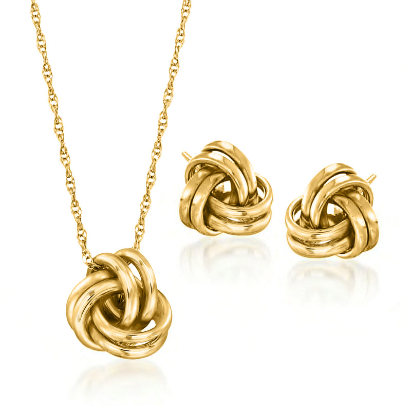 14kt yellow gold love knot necklace and stud earrings set