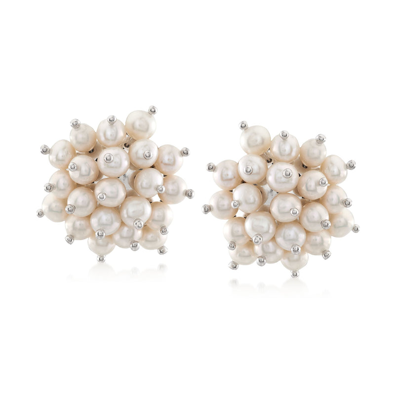 Sterling silver cultured pearl cluster stud earrings with round pearls and posts