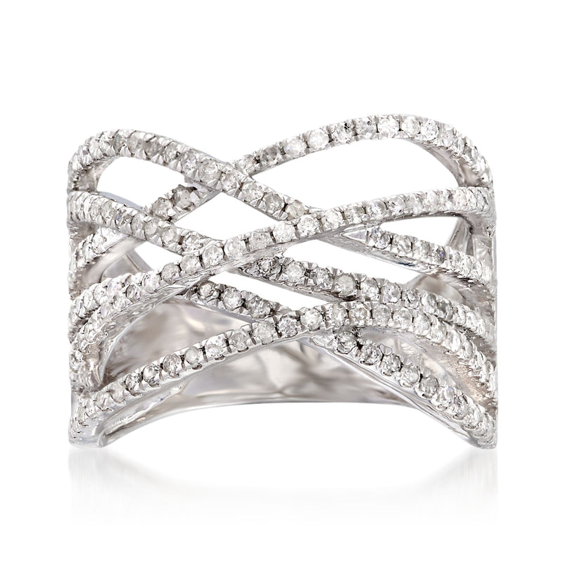 Sterling silver diamond crisscross multi-row ring with bright round stones