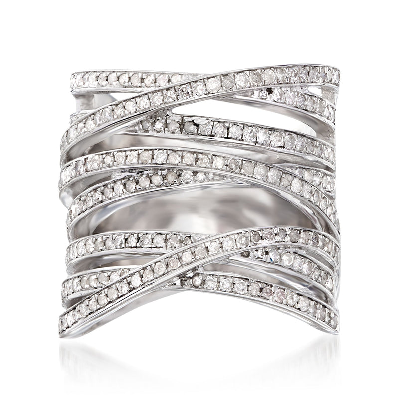 Sterling silver diamond crisscross ring with pavé bands
