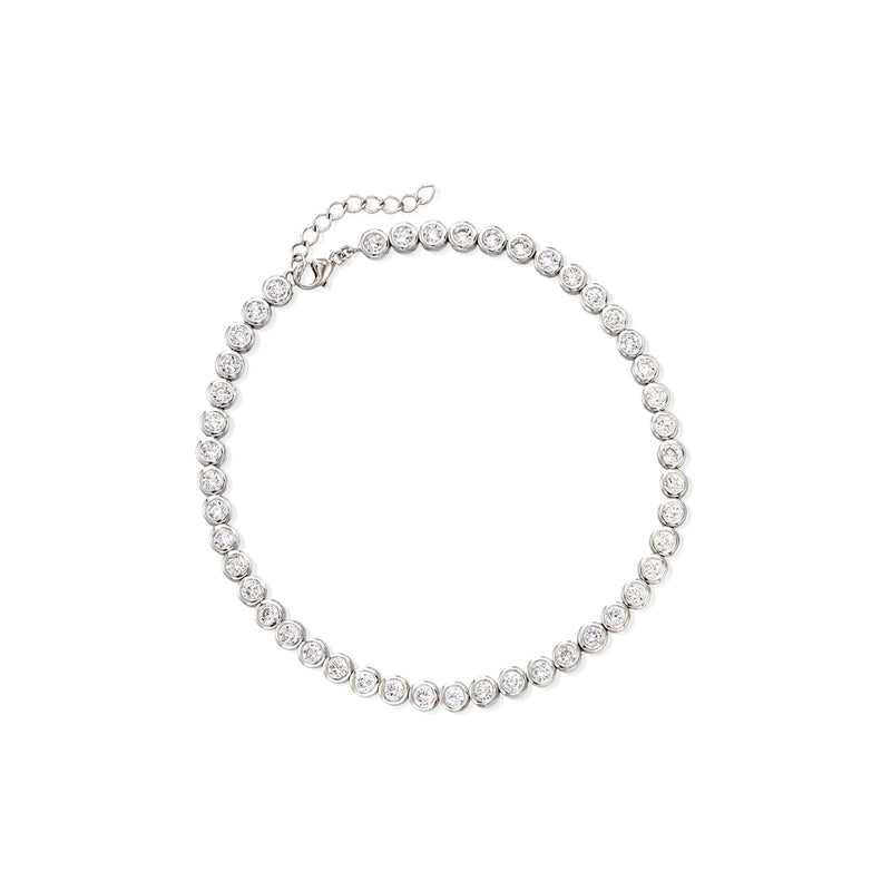 Sterling silver tennis anklet with bezel-set round CZ stones