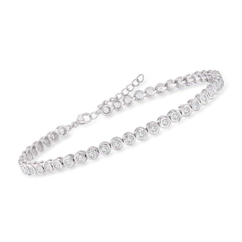 Sterling silver bezel-set CZ tennis anklet with round stone links and clasp