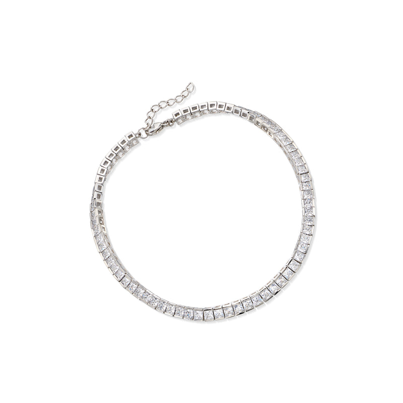 Sterling silver CZ tennis anklet with princess-cut stones, oval tennis design