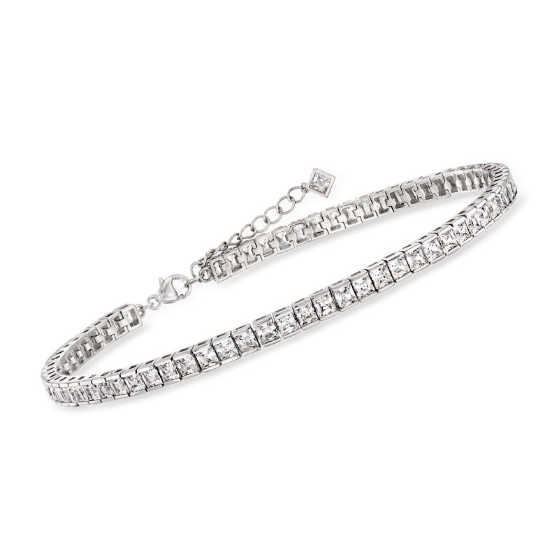 Sterling silver princess-cut CZ tennis anklet with hinged closure and link chain