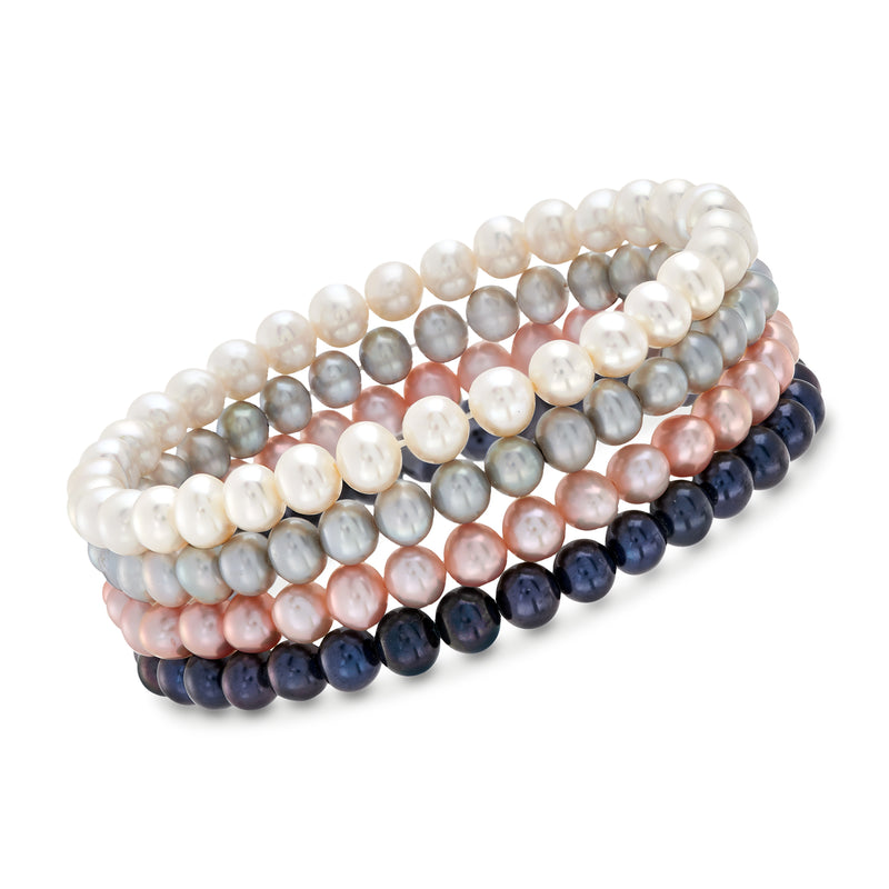 Four cultured pearl stretch bracelets, multicolor white, gray, pink, navy beads
