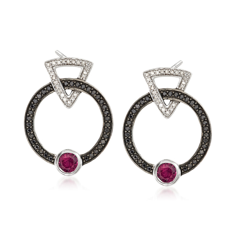 Sterling silver drop earrings with rhodolite garnet, black spinel halo, diamond accents