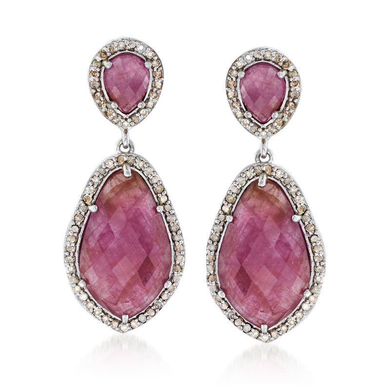 Sterling silver drop earrings with pink pear-cut stones in diamond halos