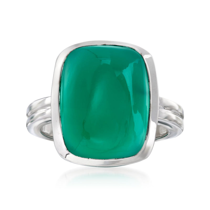Sterling silver rectangle ring with green chalcedony cabochon and split band