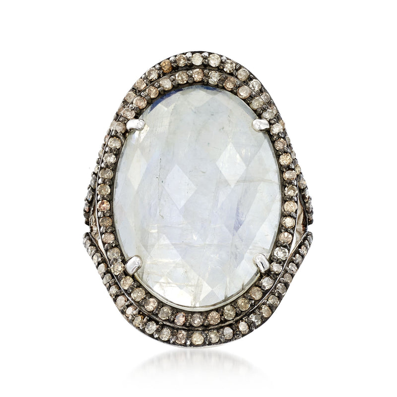 Moonstone ring with oval moonstone and champagne diamonds in sterling silver