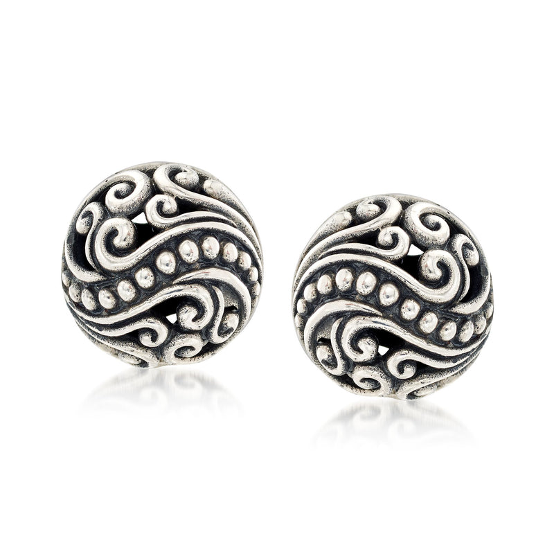 Sterling silver Bali-style scroll stud earrings, round discs with bead trim and swirls