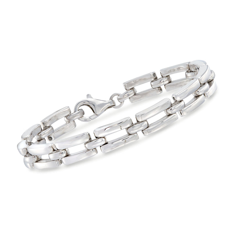 Italian sterling silver rectangular link bracelet with secure clasp, polished chain links