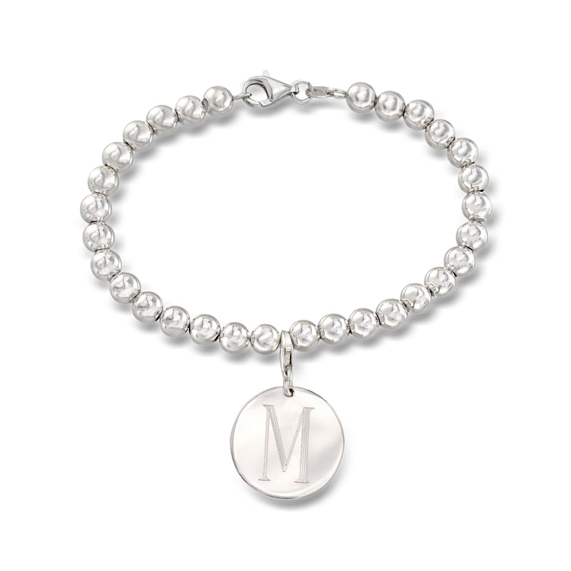 Sterling silver bead bracelet with round initial disc charm, letter M