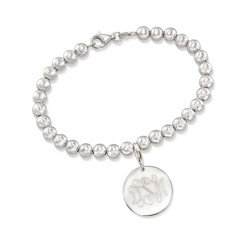 Sterling silver bead bracelet with round disc charm, engraved letter G