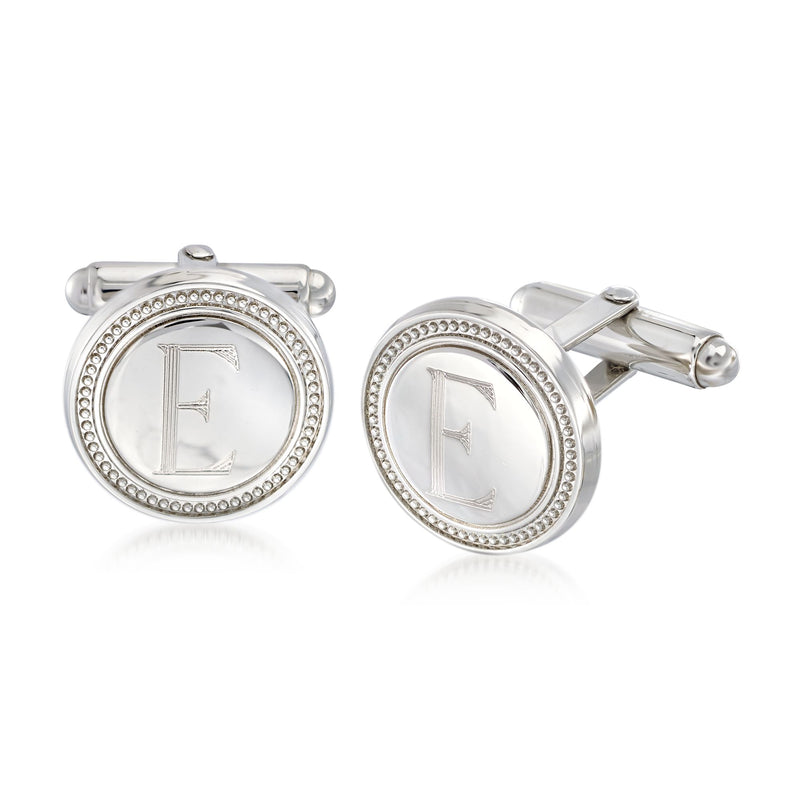 Sterling silver round roped cuff links with engraved E monogram