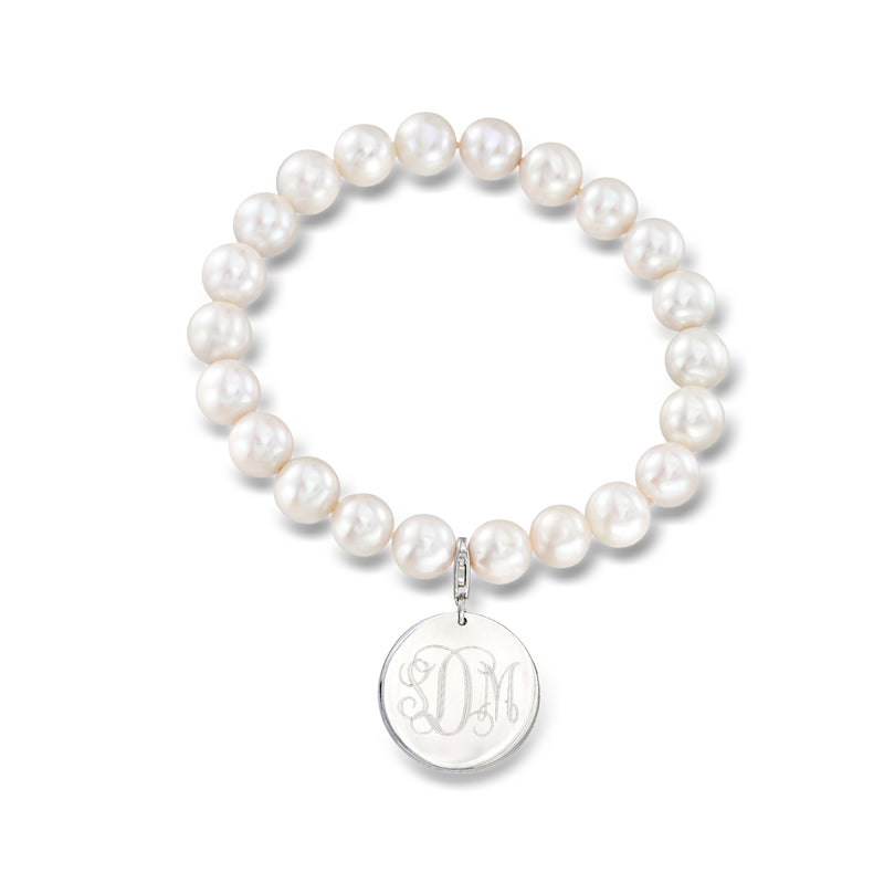 Cultured pearl bracelet with round sterling silver monogram disc charm