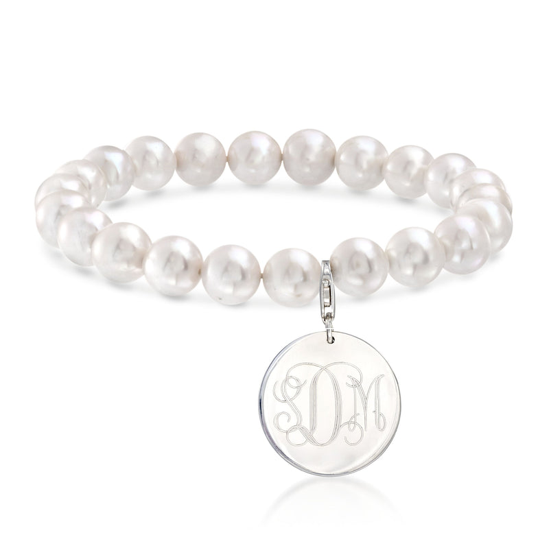 Cultured pearl bracelet with sterling silver round monogram disc charm