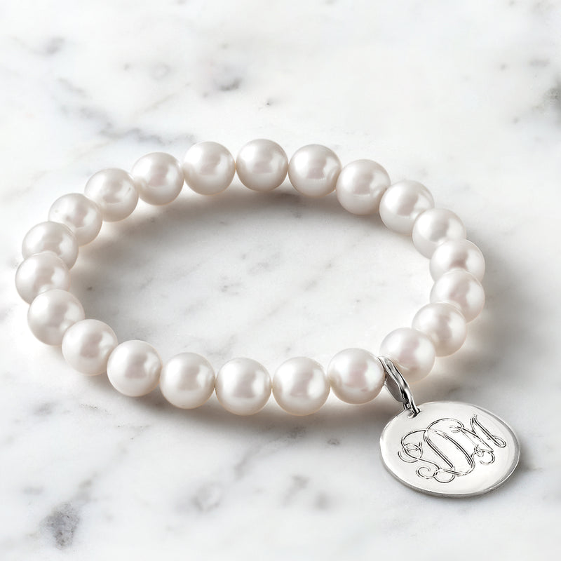 Cultured pearl bracelet with round sterling silver monogram disc charm