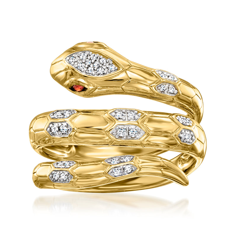 Gold snake wrap ring with diamond accents and red garnet details, triple band