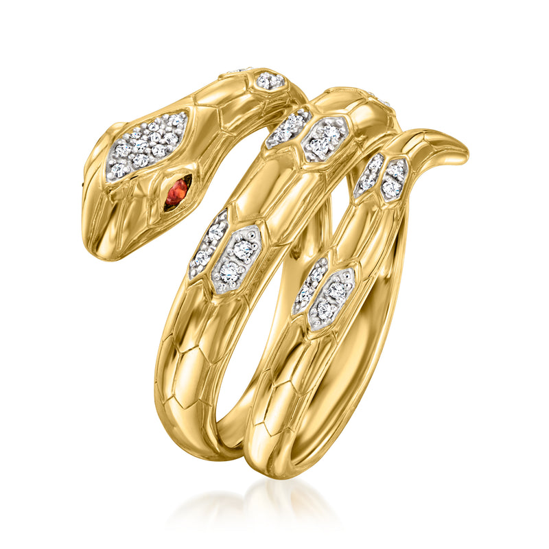 Gold snake wrap ring with diamond-look stones and red garnet inlay, curved profile