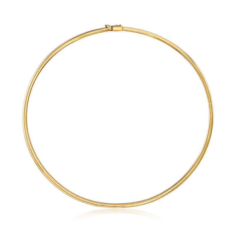 14kt yellow gold omega-style necklace with smooth hoop link, small clasp at top
