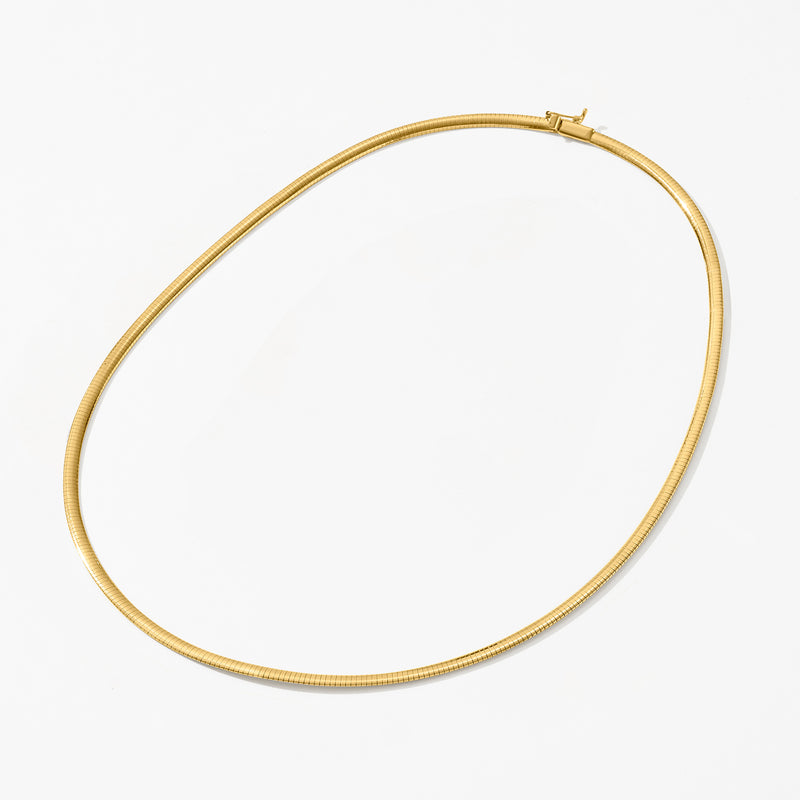 14kt yellow gold omega necklace, slender hoop with small clasp closure