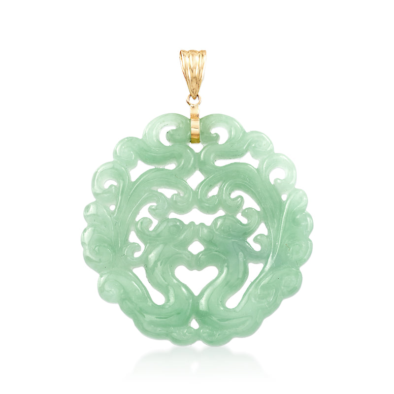 Carved green jade phoenix pendant on 14k yellow gold bail, round frame