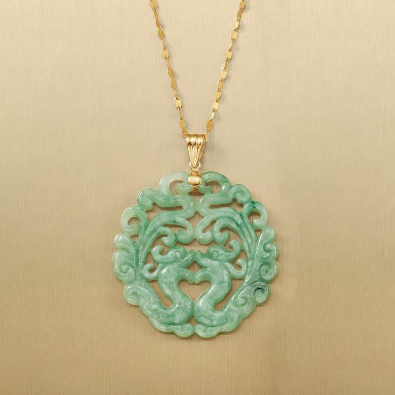 Green jade phoenix pendant with 14k yellow gold frame and bail on gold chain