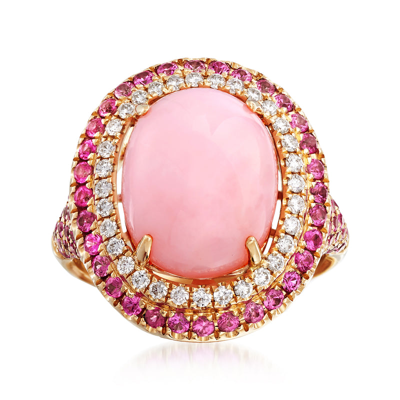 Oval pink gemstone ring with pink sapphire and diamond halo, 14kt yellow gold band