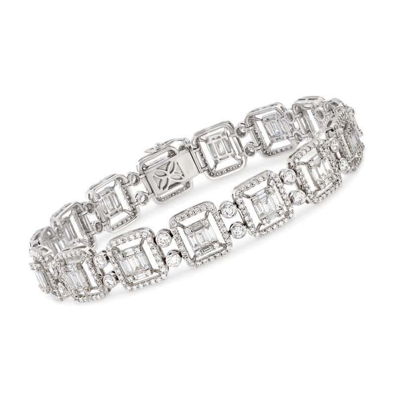 Diamond mosaic tennis bracelet in 18k white gold with baguette and round stones