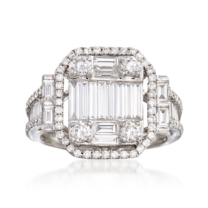 18kt white gold diamond mosaic ring with emerald-cut center and halo of small diamonds