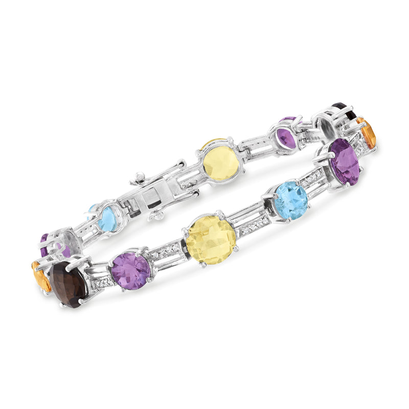 Sterling silver multi-stone gemstone bracelet with purple, yellow, blue and orange stones