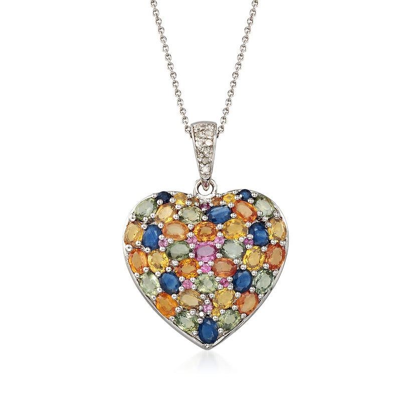 Sterling silver heart pendant necklace with multicolored sapphire gemstone and diamond accents