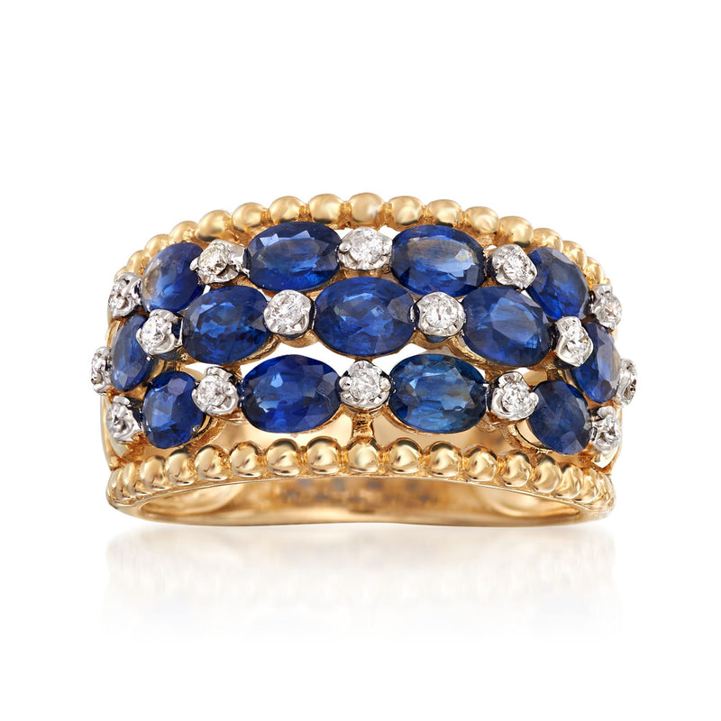 14k yellow gold ring with blue oval sapphires and small round diamond accents