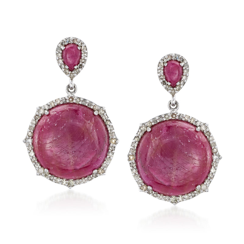 Sterling silver ruby and diamond drop earrings with oval pink center stones