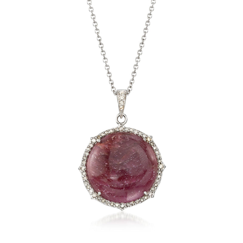 Sterling silver pendant necklace with round ruby gemstone and diamond halo