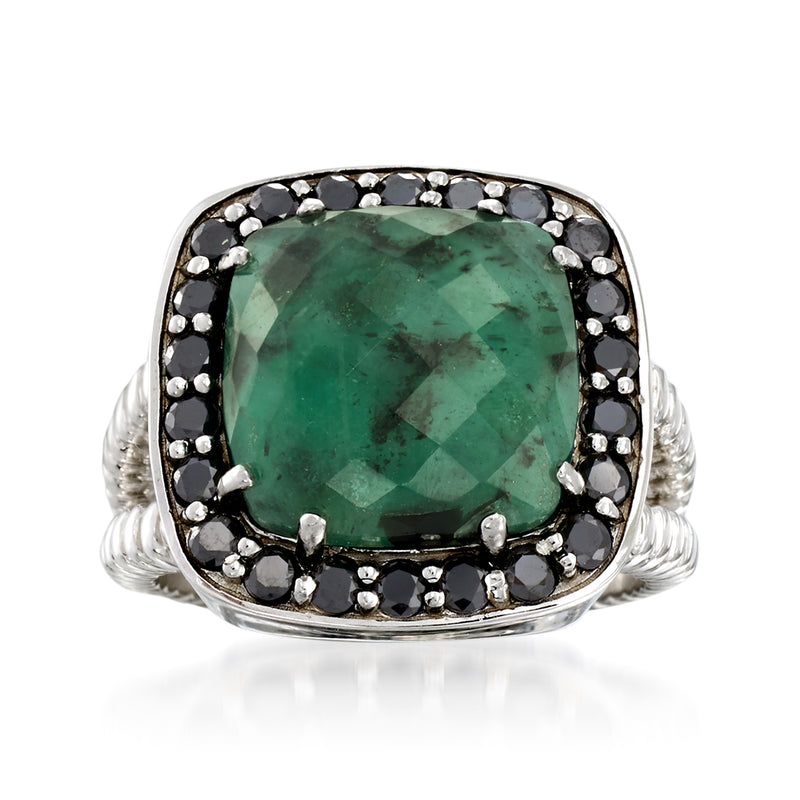 Sterling silver ring with large emerald-green cushion center and black spinel halo