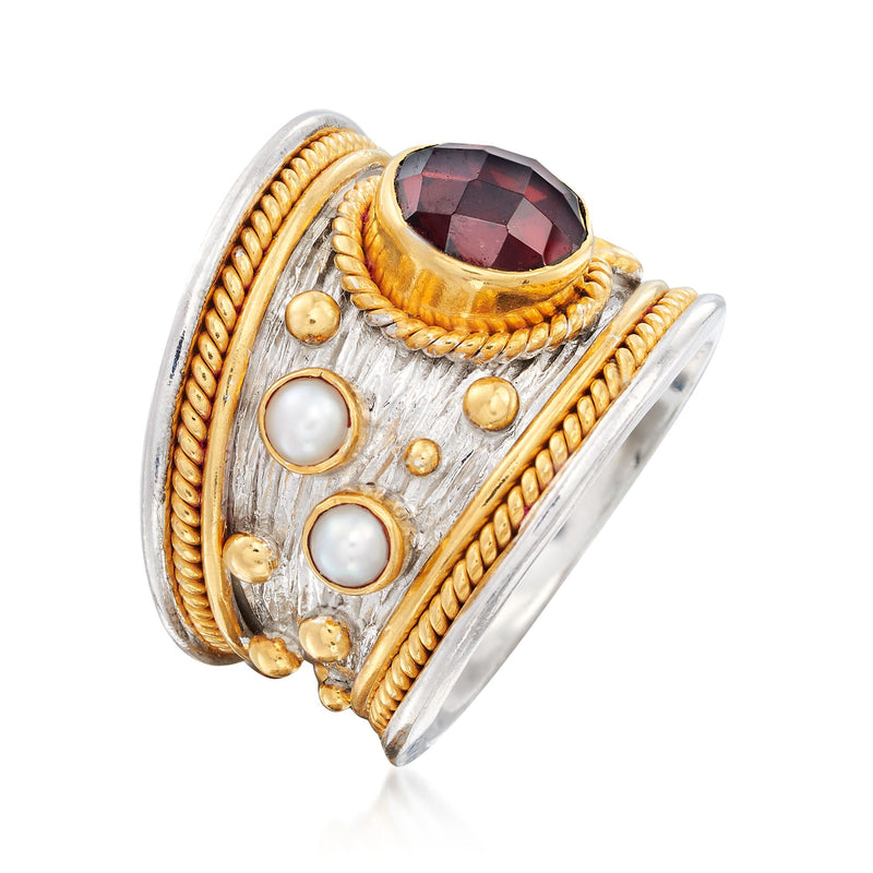 Garnet and pearl ring, oval red gemstone bezel on textured silver with gold rope trim
