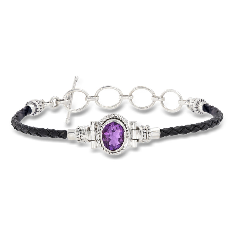 Sterling silver amethyst toggle bracelet with black braided leather and oval purple stone