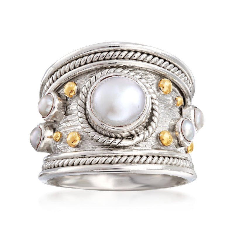 Two-tone sterling silver wide roped ring with white pearl center and gold beads