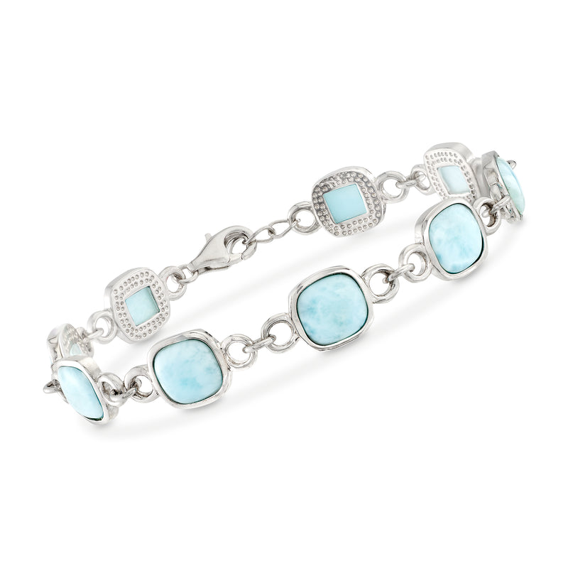 Square larimar bezel bracelet in sterling silver with blue gemstone link charms