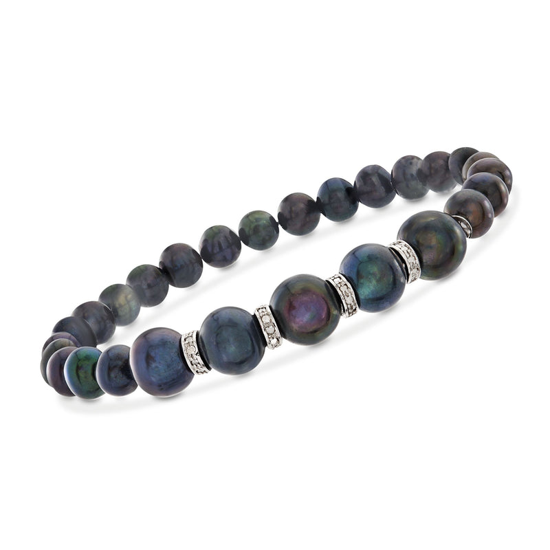Black cultured pearl stretch bracelet with sterling silver diamond accents