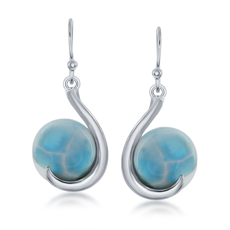 Sterling silver larimar drop earrings with blue oval cabochon stones, earwire hooks
