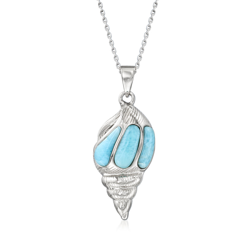 Sterling silver seashell pendant necklace with blue oval gemstone accents