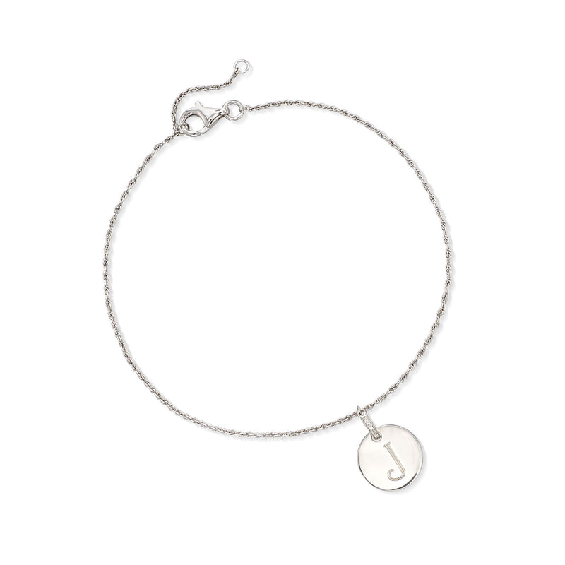 Sterling silver initial disc anklet with small diamond accent, round J charm