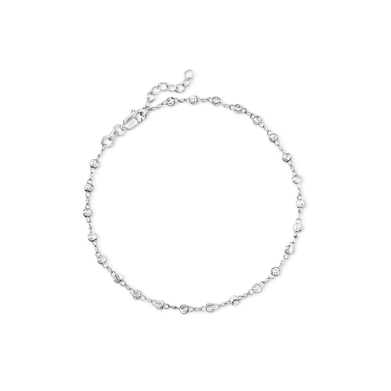 Sterling silver diamond-cut bead station anklet with small round links