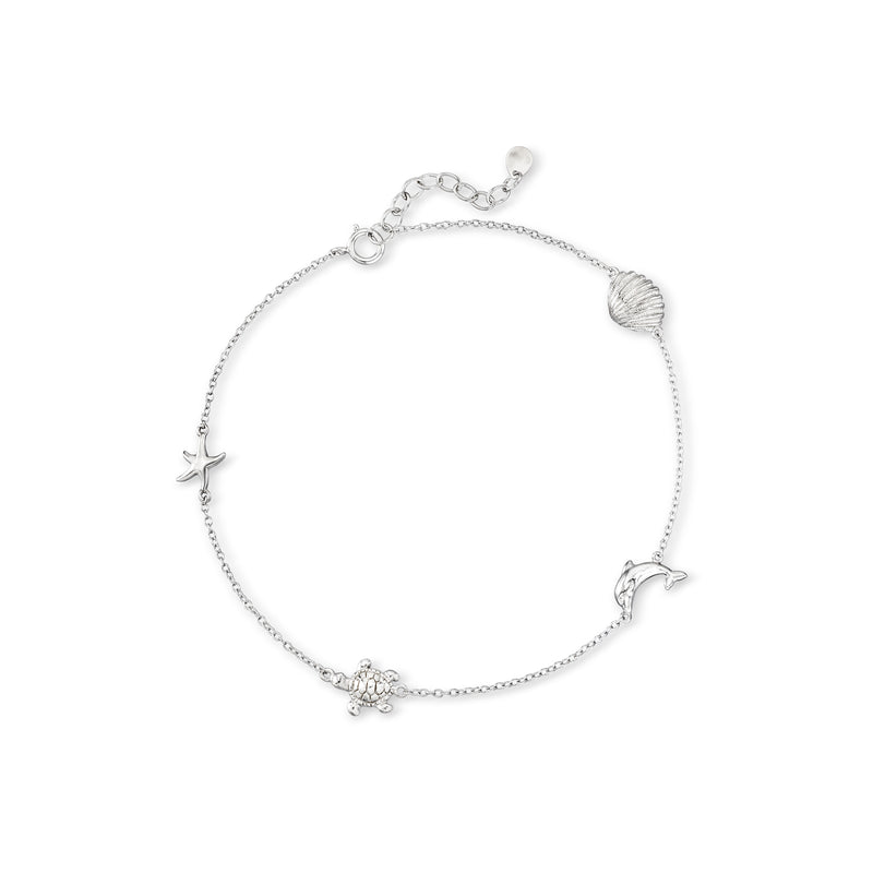 Sterling silver anklet with starfish and dolphin charms, adjustable chain and clasp